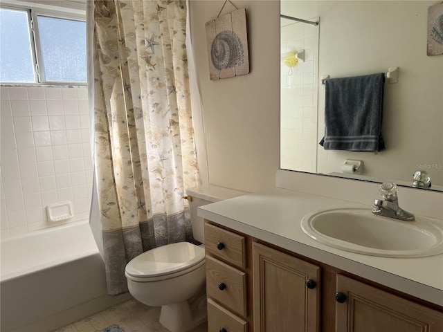 full bathroom with tile patterned flooring, vanity, toilet, and shower / bath combination with curtain