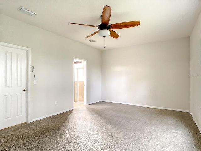 unfurnished room with carpet floors and ceiling fan