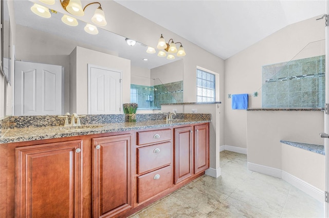 10120 Lakeshore Dr, Clermont, FL 34711 - bathroom with a walk in shower, double vanity, and lofted ceiling