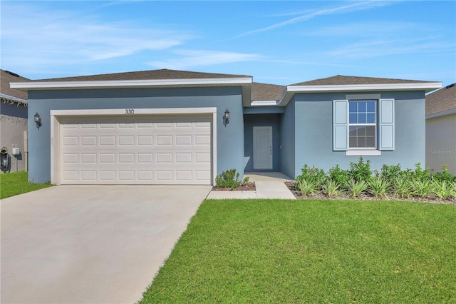 ranch-style home featuring a front yard and a garage