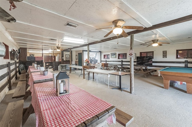 interior space with ceiling fan and billiards