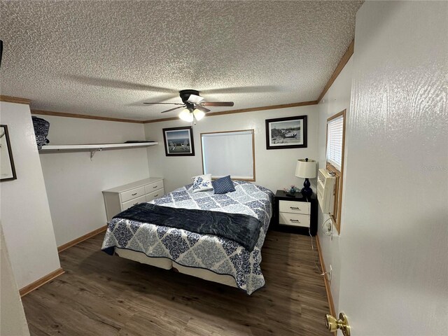 bedroom with a textured ceiling, dark hardwood / wood-style flooring, and ceiling fan