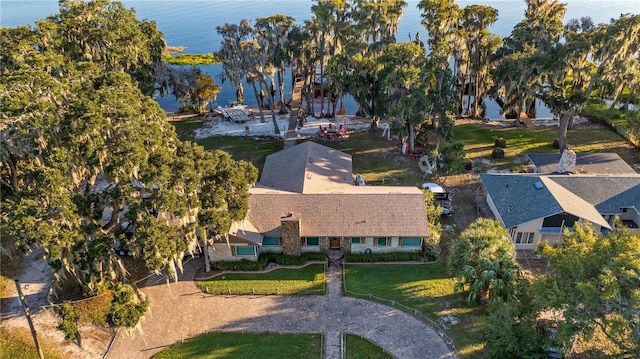 aerial view featuring a water view