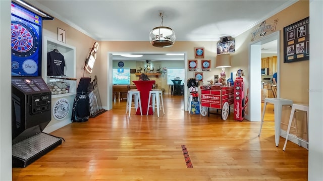 interior space with hardwood / wood-style flooring and ornamental molding