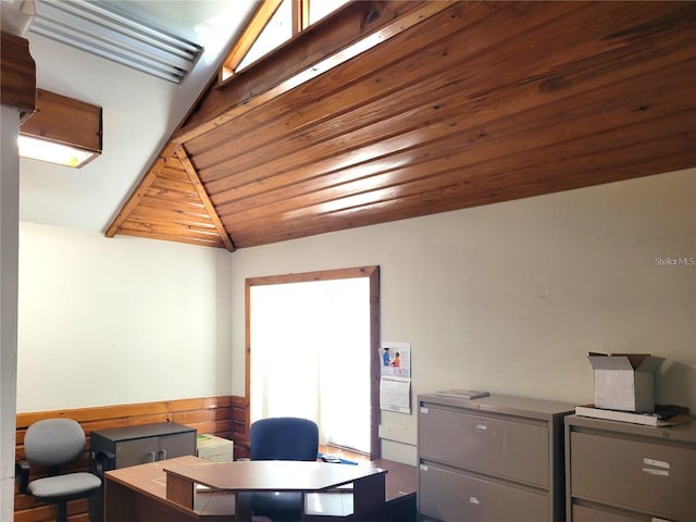 home office featuring lofted ceiling and wood ceiling