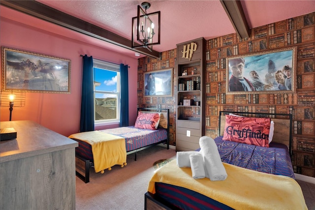 carpeted bedroom featuring beam ceiling, a notable chandelier, and a textured ceiling