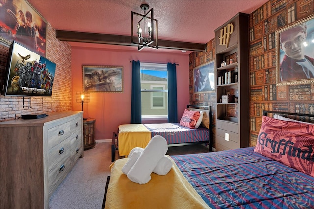 bedroom featuring a notable chandelier, beam ceiling, a textured ceiling, light carpet, and brick wall