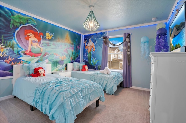 bedroom with light carpet, crown molding, and a textured ceiling