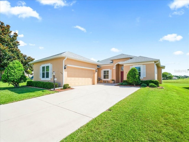 prairie-style house with a garage and a front lawn