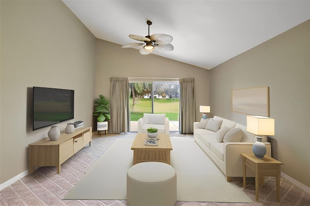 living room with vaulted ceiling, light colored carpet, and ceiling fan