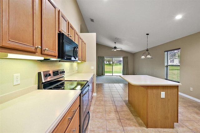 kitchen featuring light tile patterned flooring, lofted ceiling, electric range, a kitchen island, and pendant lighting