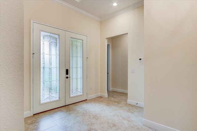 doorway with ornamental molding, light tile patterned floors, and french doors