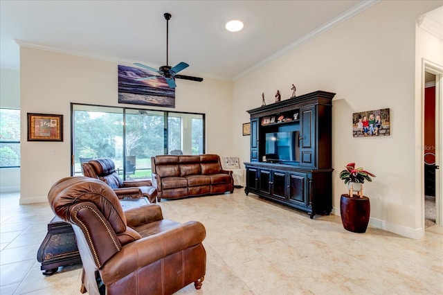 living room featuring ceiling fan, light tile patterned flooring, and crown molding