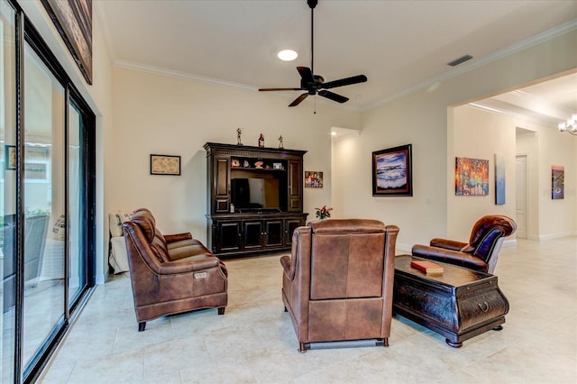 living room featuring ceiling fan with notable chandelier, light tile patterned flooring, and crown molding