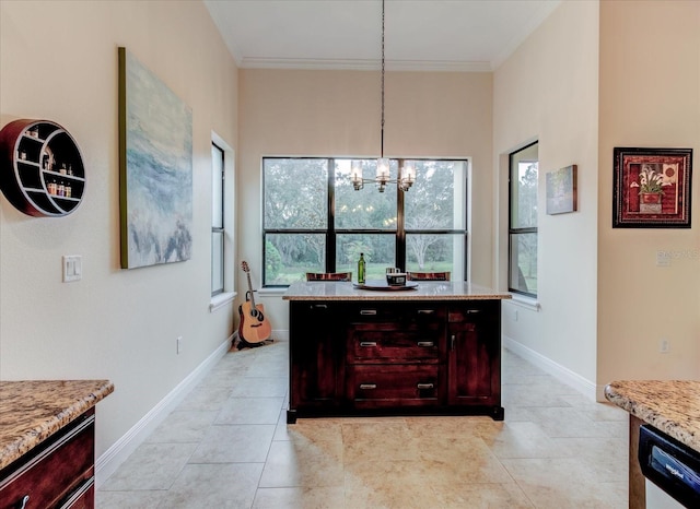 tiled dining room featuring an inviting chandelier, a wealth of natural light, and crown molding