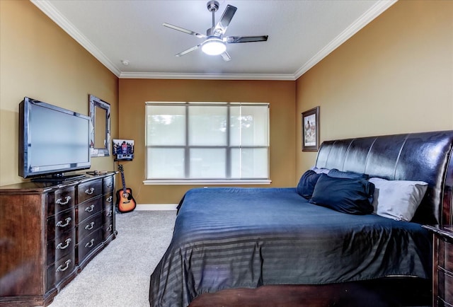 bedroom with light carpet, ceiling fan, and ornamental molding