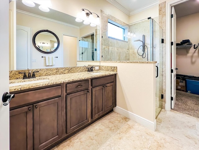 bathroom featuring walk in shower, vanity, and crown molding