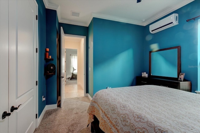 bedroom with light colored carpet, crown molding, and a wall mounted air conditioner