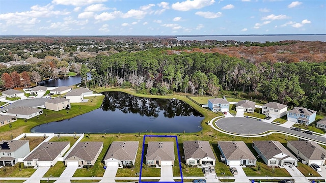 birds eye view of property with a water view