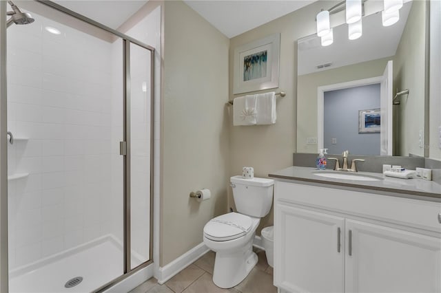 bathroom featuring tile patterned flooring, vanity, a shower with shower door, and toilet