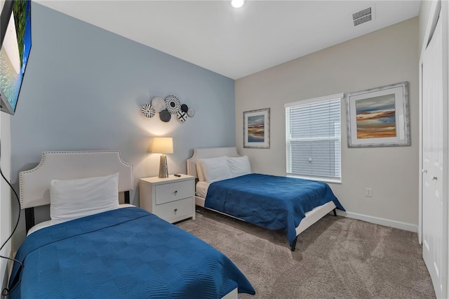 bedroom with carpet flooring and a closet