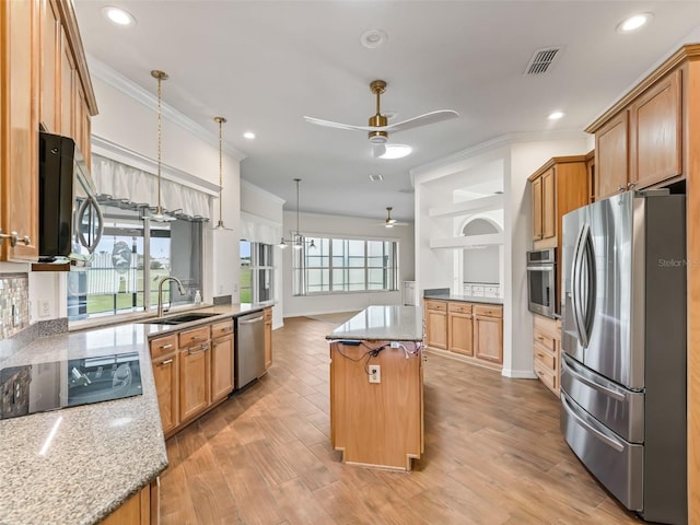 kitchen with a wealth of natural light, a center island, light wood-type flooring, and appliances with stainless steel finishes