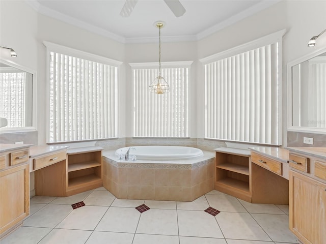 bathroom with vanity, crown molding, tile patterned flooring, ceiling fan, and tiled bath