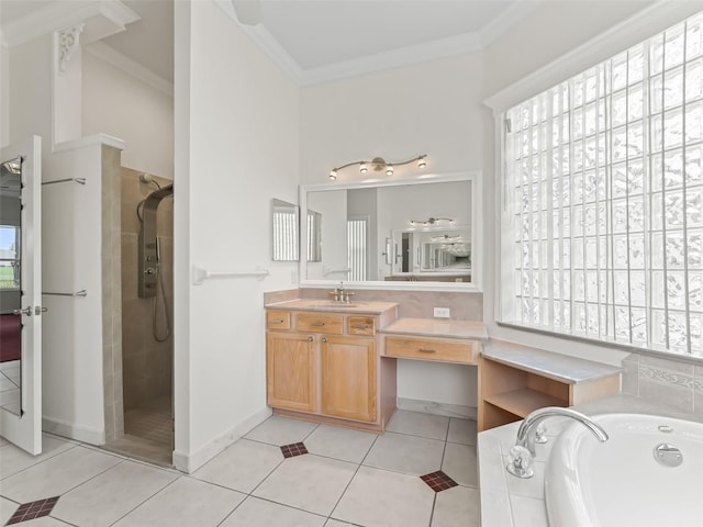 bathroom featuring a wealth of natural light, tile patterned flooring, plus walk in shower, and crown molding