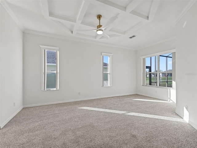 carpeted empty room featuring beam ceiling, crown molding, ceiling fan, and coffered ceiling