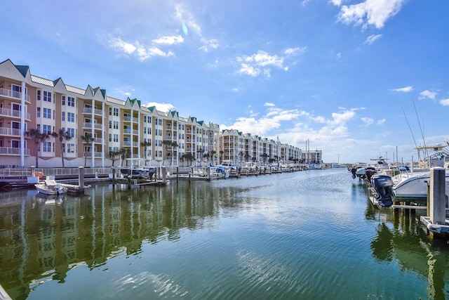 view of water feature with a dock