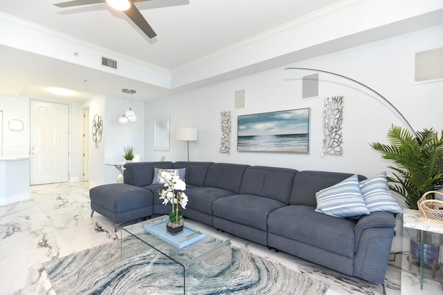 tiled living room featuring crown molding and ceiling fan