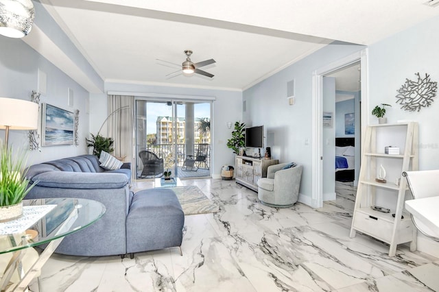 tiled living room with crown molding and ceiling fan