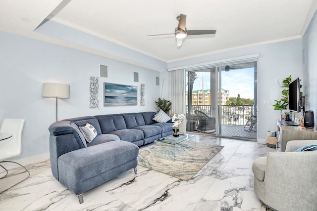 living room with light tile floors, crown molding, and ceiling fan