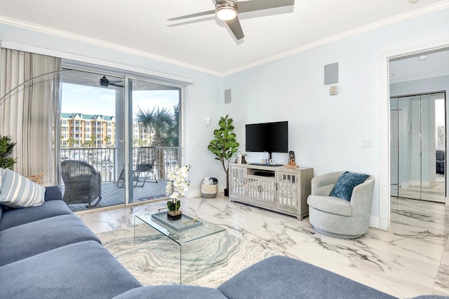 tiled living room featuring ornamental molding and ceiling fan