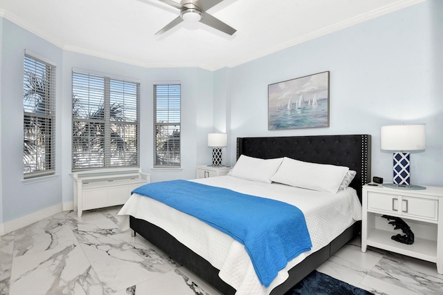 tiled bedroom with crown molding and ceiling fan