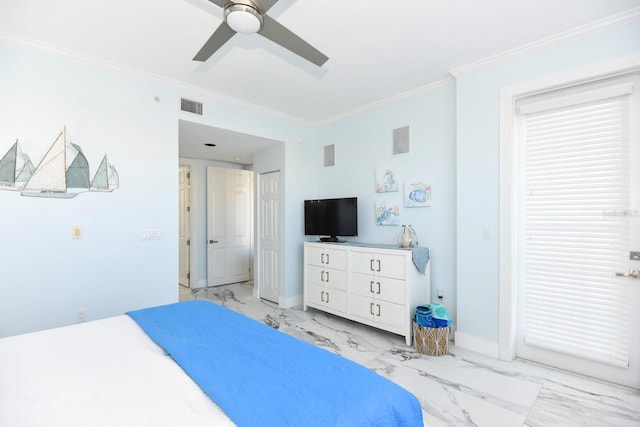 tiled bedroom with ornamental molding and ceiling fan