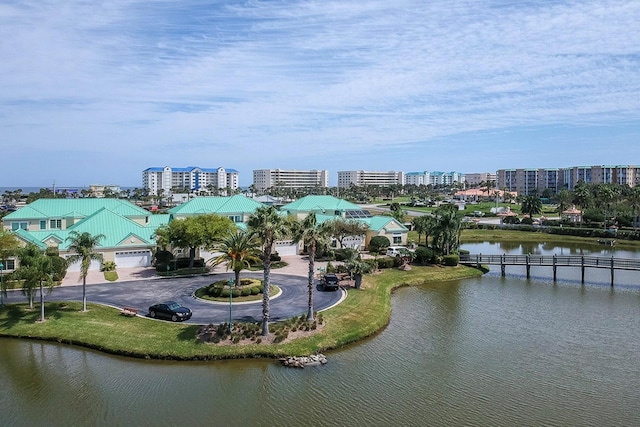 aerial view featuring a water view