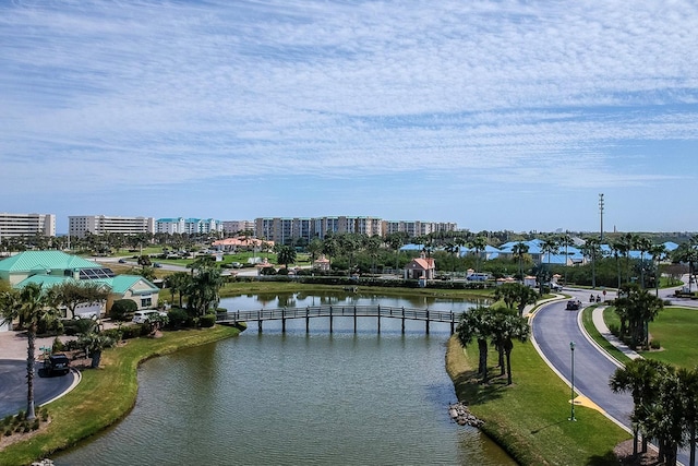 birds eye view of property featuring a water view