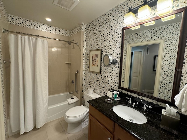 full bathroom featuring toilet, shower / tub combo with curtain, tile floors, and vanity