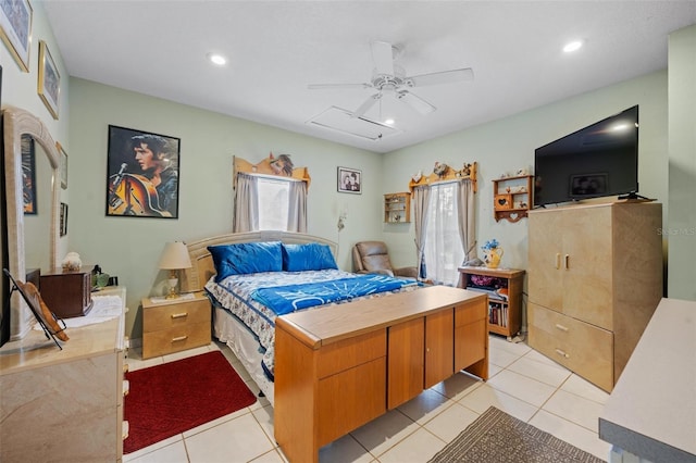 bedroom featuring light tile flooring and ceiling fan