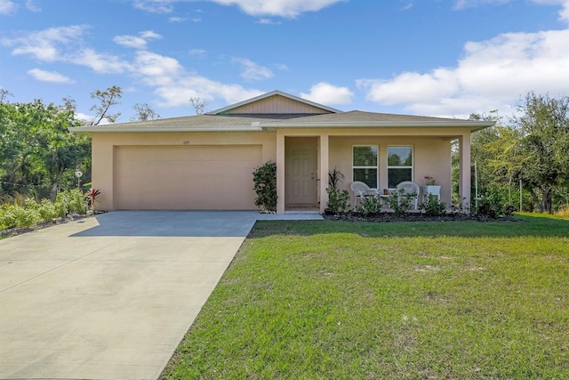 view of front of property with a garage, concrete driveway, a porch, and stucco siding