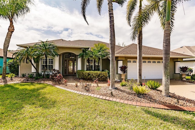 view of front of property with french doors, a front yard, and a garage