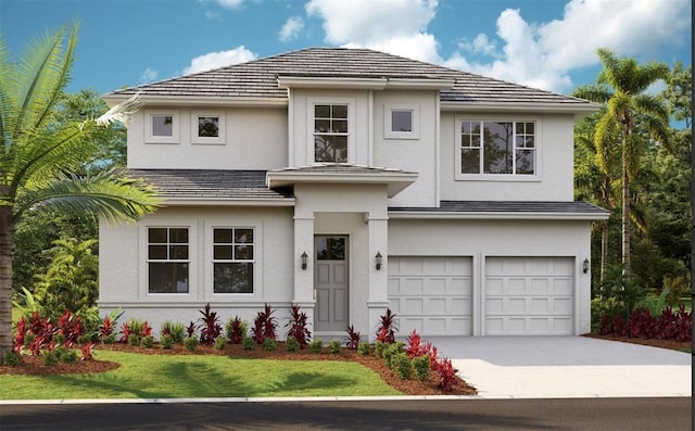 prairie-style home featuring a garage, a front yard, driveway, and stucco siding