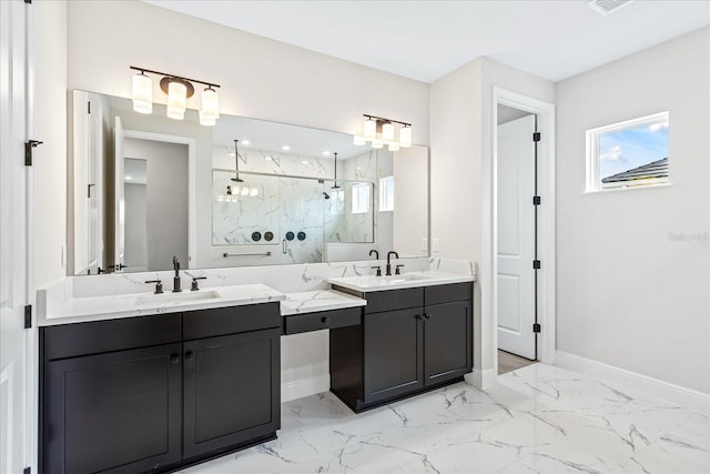 bathroom featuring tile floors, a shower with shower door, and double vanity