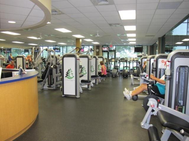 exercise room featuring a drop ceiling