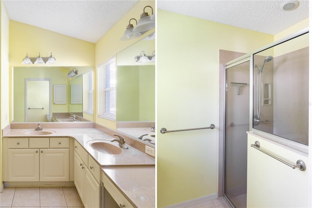 bathroom featuring tile patterned floors, a textured ceiling, walk in shower, and vaulted ceiling