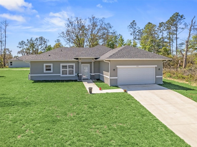 single story home with a front yard and a garage