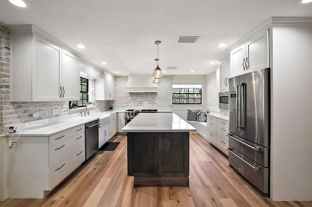 kitchen featuring premium range hood, plenty of natural light, a kitchen island, and high end appliances