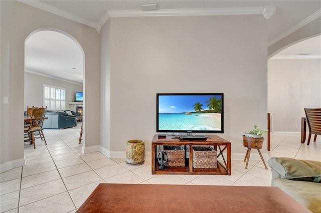 tiled living room with ornamental molding