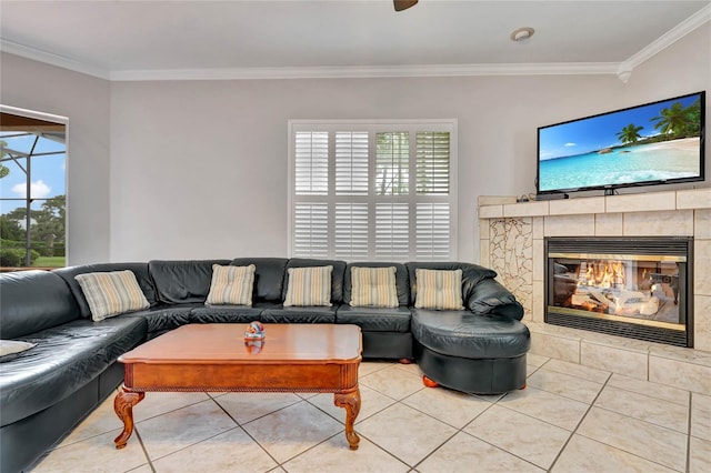 tiled living room with a fireplace and ornamental molding